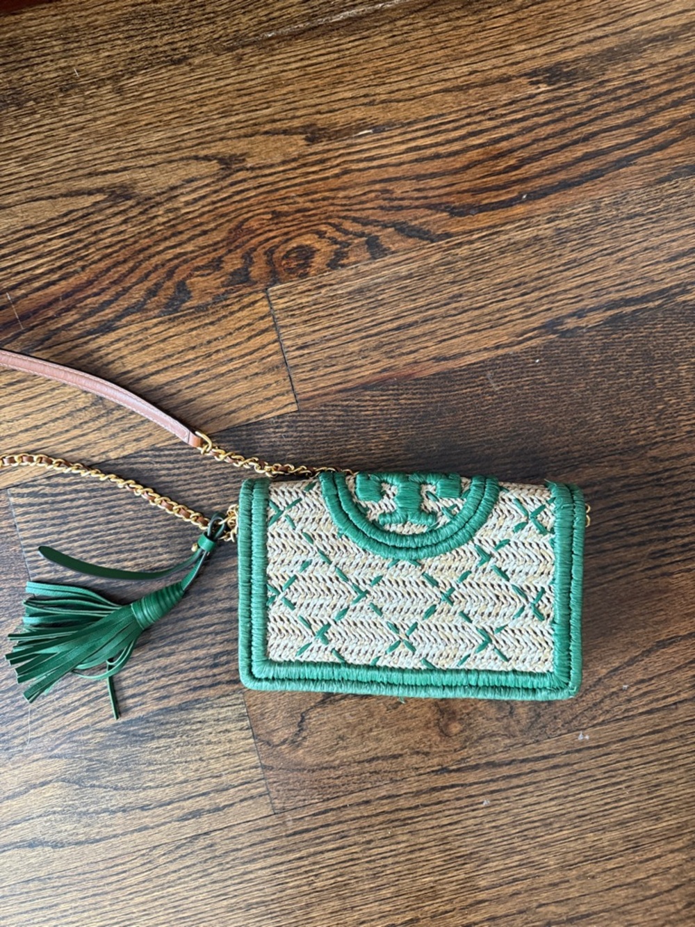 Tory Burch Green and Natural Woven Crossbody with Tassel